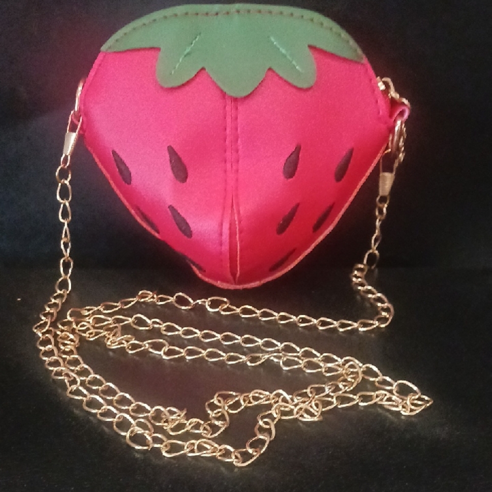 STRAWBERRY Mini Crossbody Purse / Bag, Shoulder Chain 44", Vegan Leather NWT